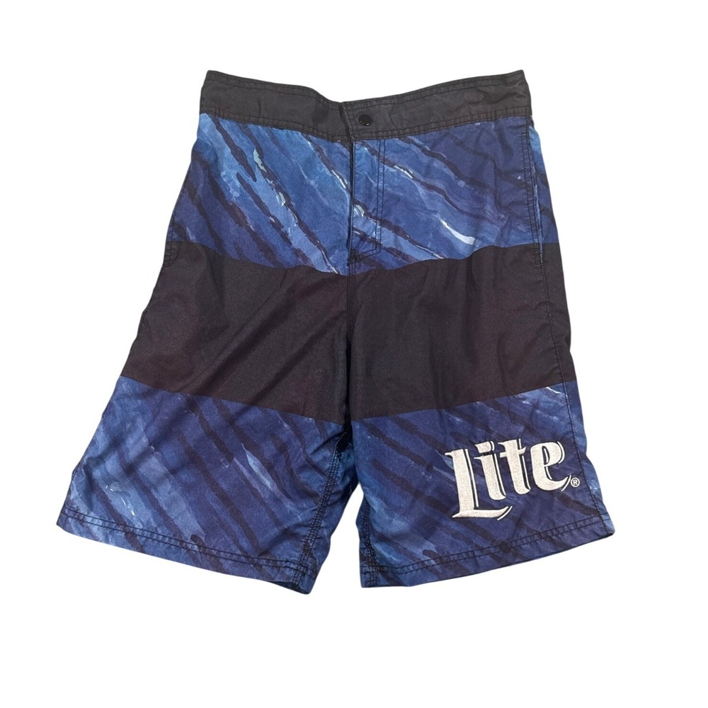 Miller Lite Board Shorts Medium Blue Black Logo Swim Trunks Beach Beer Lined